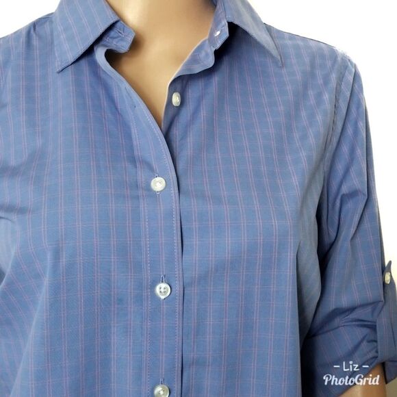 Lands' End | Blue Plaid Rolled Sleeve Button Down - Picture 3 of 7